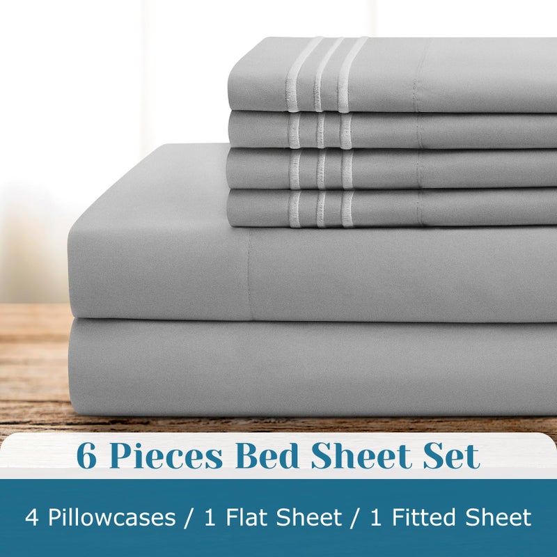 BYSURE 6 Pieces Bed Sheets Set with Pockets on Side(Full, Light Grey), Sweat-Wicking Breathable Sheets, 16-inch Super Soft Hotel Embroidered Microfiber Sheet Set - Image 4